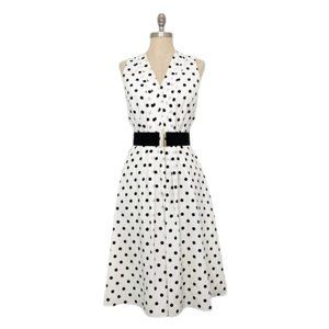 A-line 50s Vintage-Inspired Black & White Polka Dot Midi Dress Size 2P